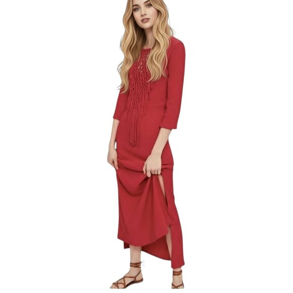 Zara Red Knotted Crochet Neck Maxi Dress Column Long Sleeve Small Zara Red Knotted Crochet Neck Maxi Dress Column Long Sleeve Small